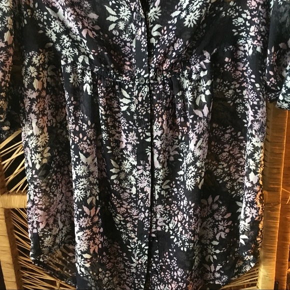 EXPRESS Floral Sheer Button Down Top Navy Pink Small - Picture 6 of 9
